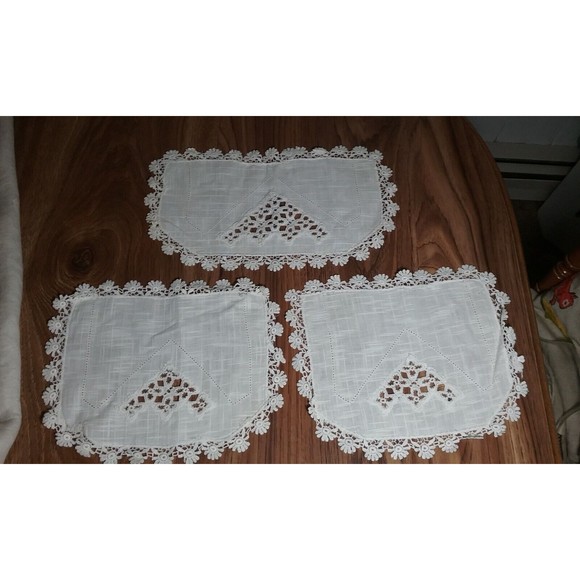 Vintage Armchair Covers Floral Lace Edging and Cutwork White Linen 3 Piece Set - Picture 1 of 5